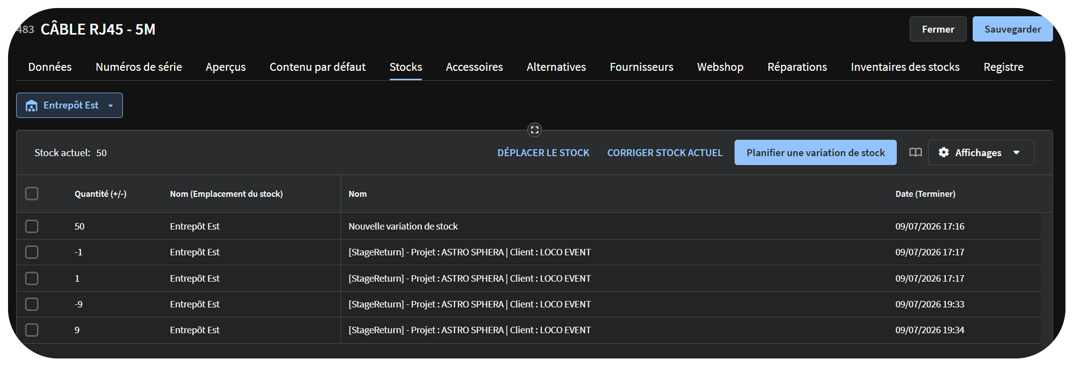 Exemple de variations de stock synchronisées dans Rentman